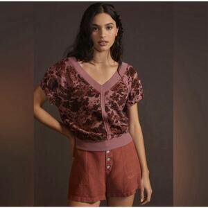 Pilcro Sweatshirt Womens Medium Dolman Short Sleeve Pink Floral Slouchy Terry